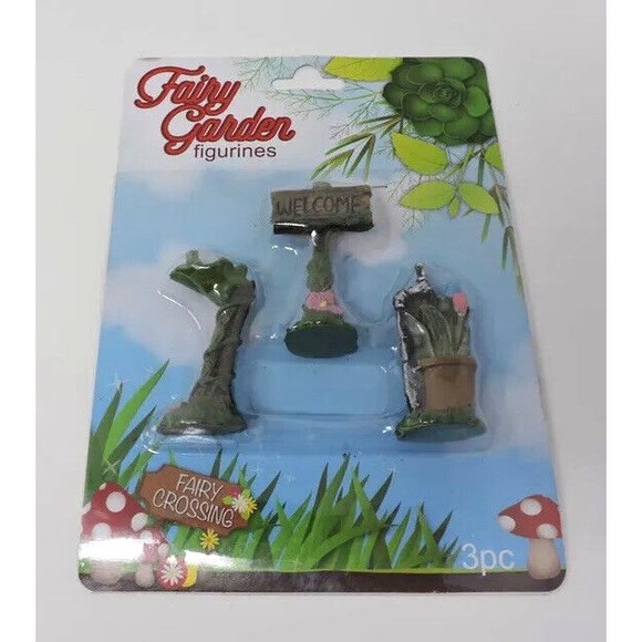 Fairy Garden Sweets 2" Figurines 3pc pack Welcome Sign Stump/Frog Faucet/Flowers - Picture 1 of 5